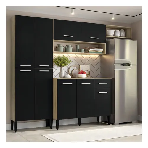 Cozinha Compacta Arizona Glam Com Armário E Balcão Carraro Cor Carvalho/Preto