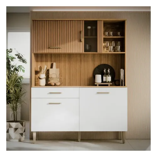 Armário de Cozinha M Casa Móveis Viena Compacto com Nicho e Balcão Multiuso Branco/Ripado