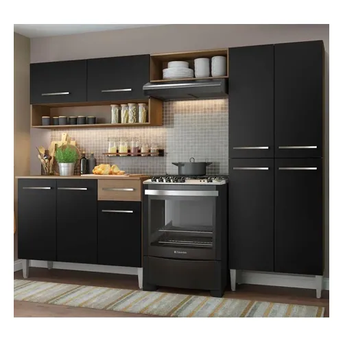 Armário de cozinha modulada completa compacta Emilly pop com armário e balcão cor rustic/preto GREM229002