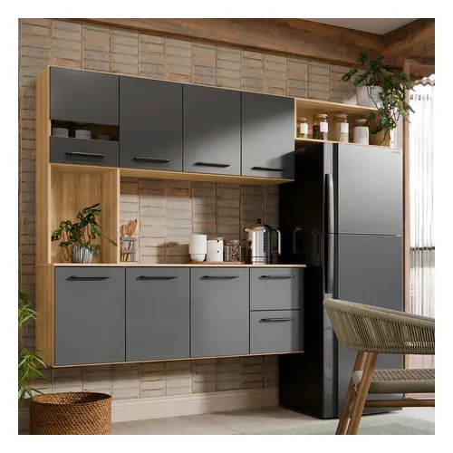 Armário de Cozinha Completo 180cm com Aéreo 7 Portas e Gavetas com Nichos Moderna Planejada Suspenso Cinza Grafite Carvalho Nature