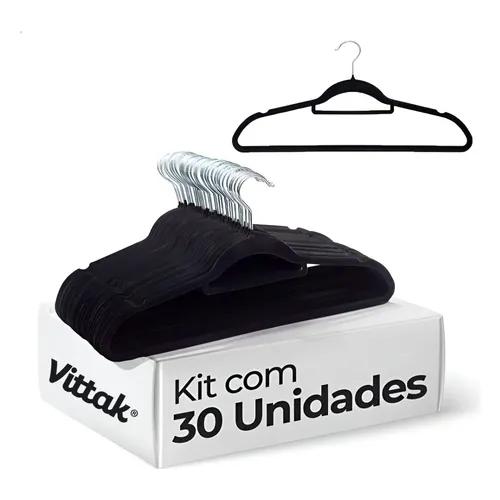 Kit 30 Cabides de Veludo Antideslizante Slim Adulto Vittak Preto