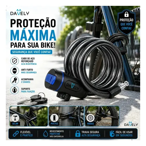 Cadeado de Bicicleta Davely Cabo de Aço com Capa, 2 Chaves e Suporte