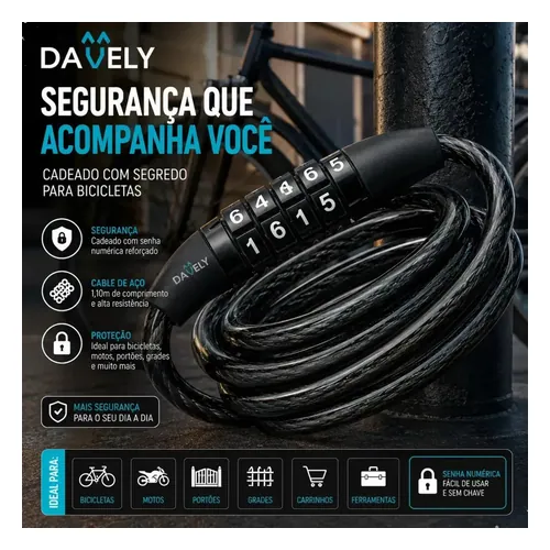 Cadeado de Bicicleta Davely com Segredo, Cabo 1,10 m