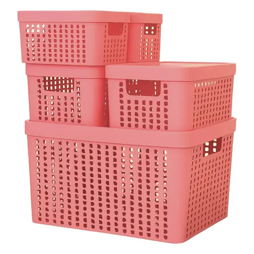 Kit 5 Caixas Organizadoras com Tampa 2 L, 4,5 L e 17 L Rosa