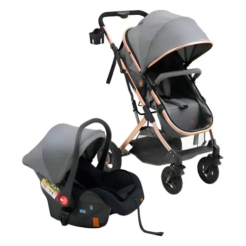 Travel System Maxi Baby Elysian, carrinho com bebê conforto, cinza com dourado