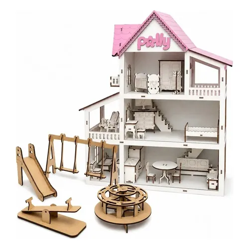 Casinha de Bonecas Grupo Paraíso MDF Polly com 19 Móveis e Parquinho