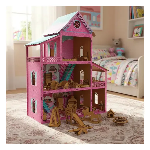Casinha de Bonecas MDF Criativa 781 Rosa Glitter com Kit Móveis