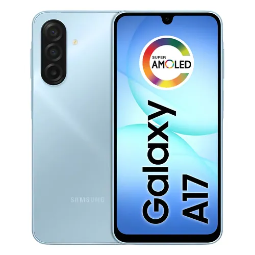 Smartphone Samsung Galaxy A17 azul-claro, frente e verso