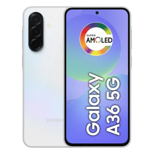Smartphone Samsung Galaxy A36 5G branco, frente e verso