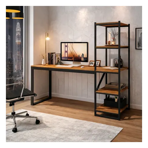 Escrivaninha Art Panta Slim Industrial 130 cm com Estante Canela e Preto