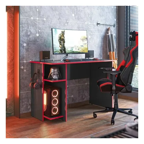 Mesa para Computador Qmovi Gamer 114 cm com 2 Prateleiras Preta