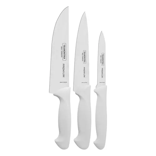 Jogo de Facas Tramontina Premium 3 Peças Aço Inox Cabo Branco