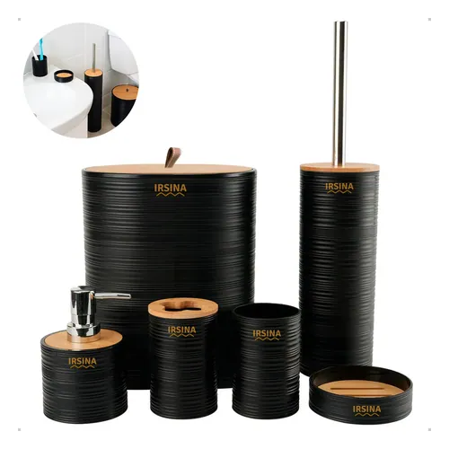 Kit de Banheiro Irsina Bambu 6 Peças com Lixeira e Saboneteira