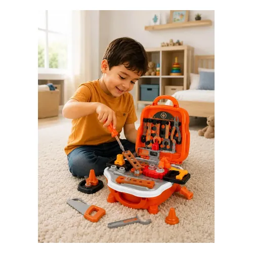 Kit de Ferramentas Infantil Braveni 3 em 1 Maleta Mochila Bancada, 22 Peças