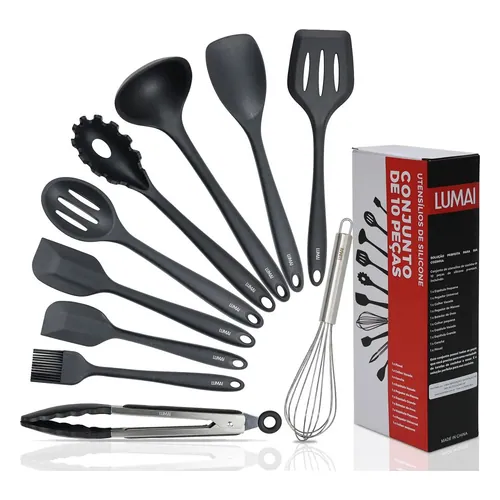 Kit 10 Utensílios de Cozinha em Silicone Maciço Lumai Miami Preto