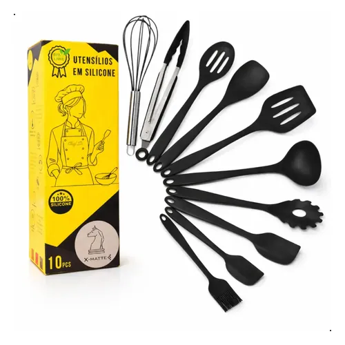 Kit 10 Utensílios de Cozinha em Silicone X-Matte Preto