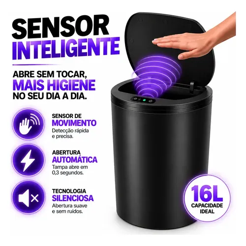 Lixeira Automática Correia Redonda 16 L com Sensor e USB-C