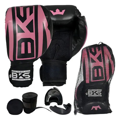 Kit Luva de Boxe BKS Classic Profissional 12 oz Rosa com Bandagem e Bucal