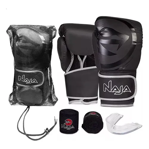 Kit Luva de Boxe Naja Black Line 16 oz Prata com Bandagem e Bucal