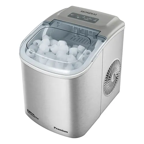 Máquina de Gelo Mondial Turbo Ice Premium MG-12-GI em inox, com tampa transparente