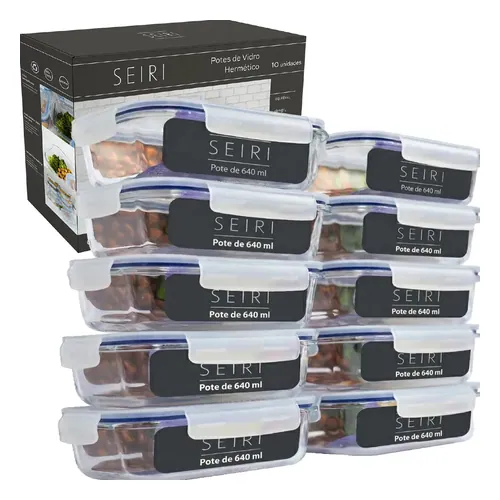 Kit 10 Potes de Vidro Marmita Hermético 640 ml Borossilicato 4 Travas Seiri