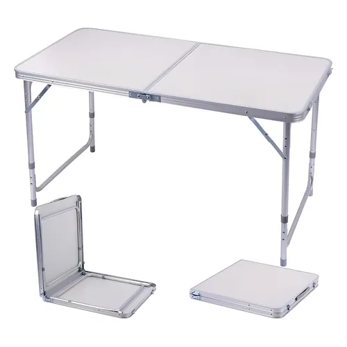 Mesa dobrável MFL 120 x 60 cm branca aberta e fechada como maleta