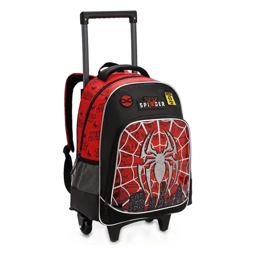 Mochila Escolar Infantil com Rodinhas Denlex DL1497 20 L Preta, Estampa de Aranha