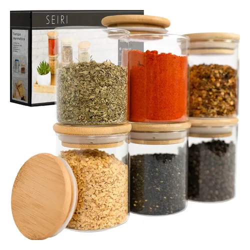 Kit 6 Potes Porta-Temperos de Vidro Borossilicato com Tampa de Bambu 200 mL Seiri