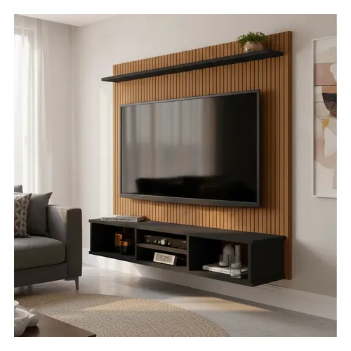 Painel TV Ripado Preto 3D com Nichos e Prateleira 50 Polegadas