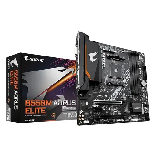 Placa-mãe Gigabyte B550M Aorus Elite, preta, vista de cima