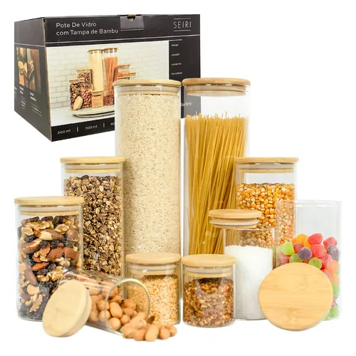 Kit 10 Potes Herméticos de Vidro com Tampa de Bambu Seiri
