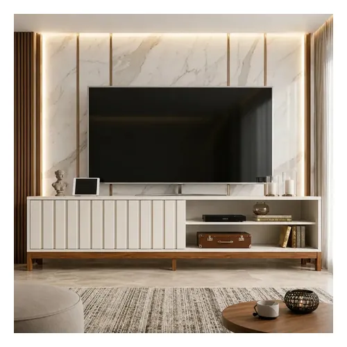 Rack Bancada Para Tv Até 75 Aurora 1.8 Mobler 1 Porta Com Pés Design Sala Moderna Cor Pérola Metalizado/cinamomo Mel