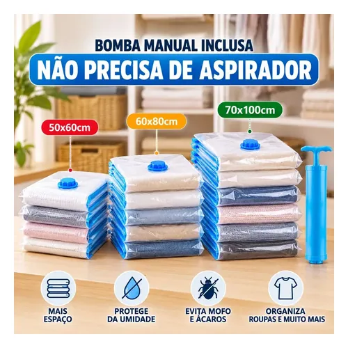 Kit 10 Sacos a Vácuo 3 Tamanhos com Bomba Manual Pítia