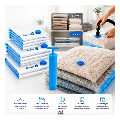 Kit 10 Sacos a Vácuo Reutilizáveis Redfin com Bomba
