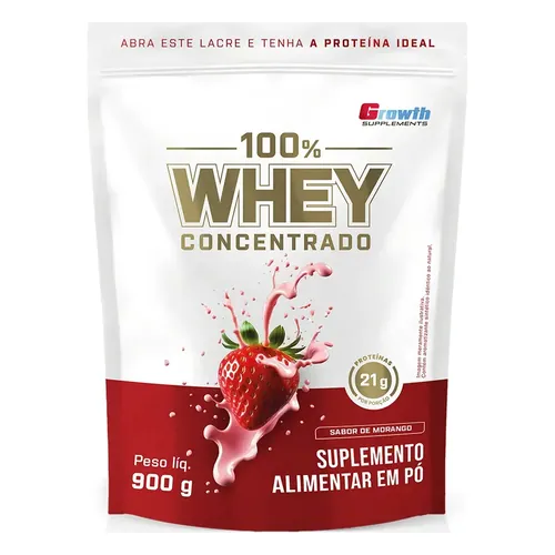 100% Whey Concentrado Growth Supplements 900 g Sabor Morango